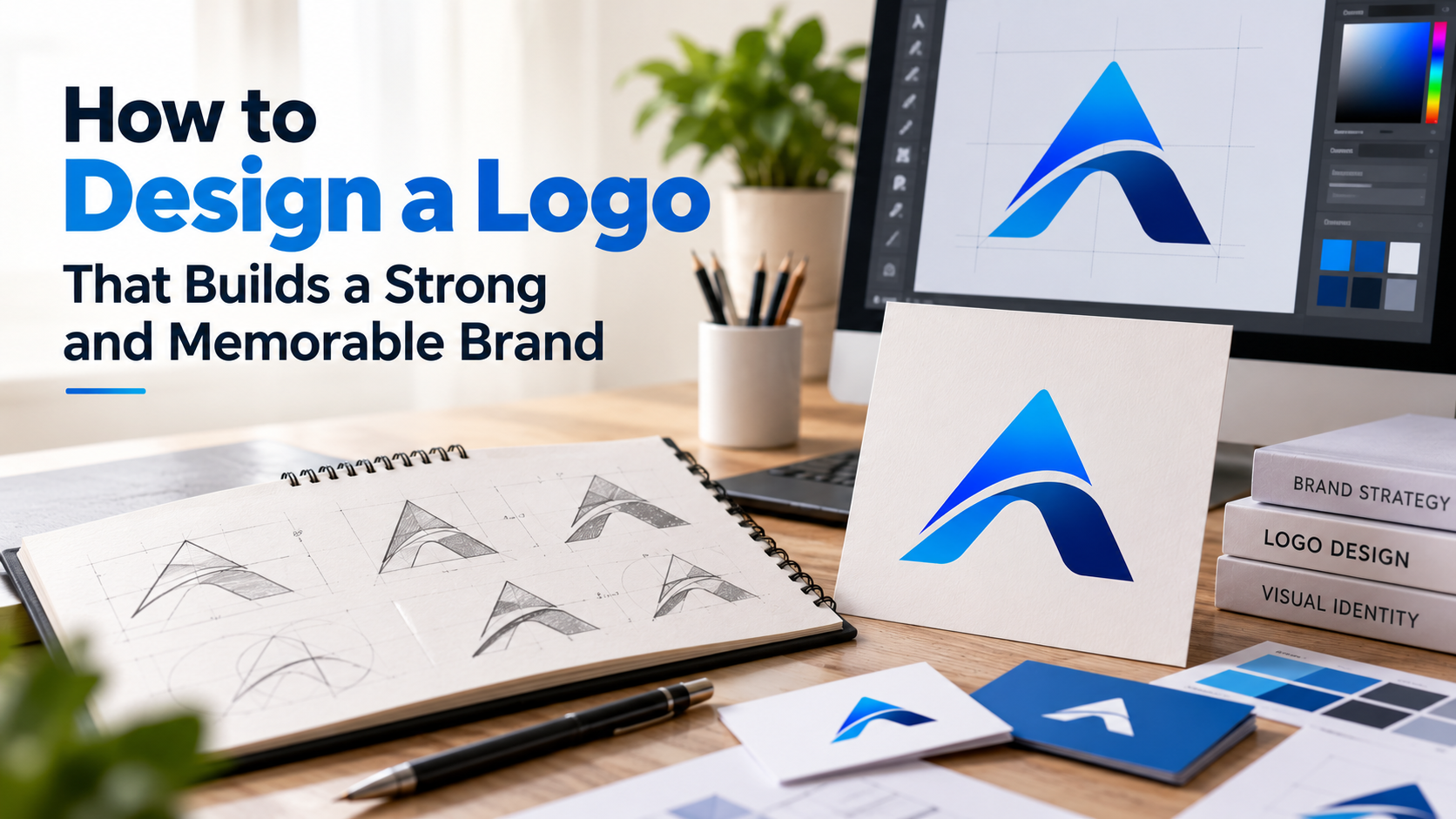 Professional logo design process with brand identity sketches and digital logo concept
