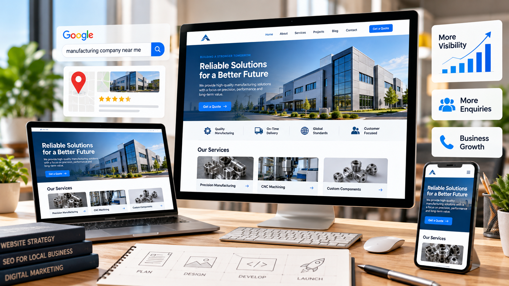 Local business website development with responsive business website design across desktop, laptop, and mobile